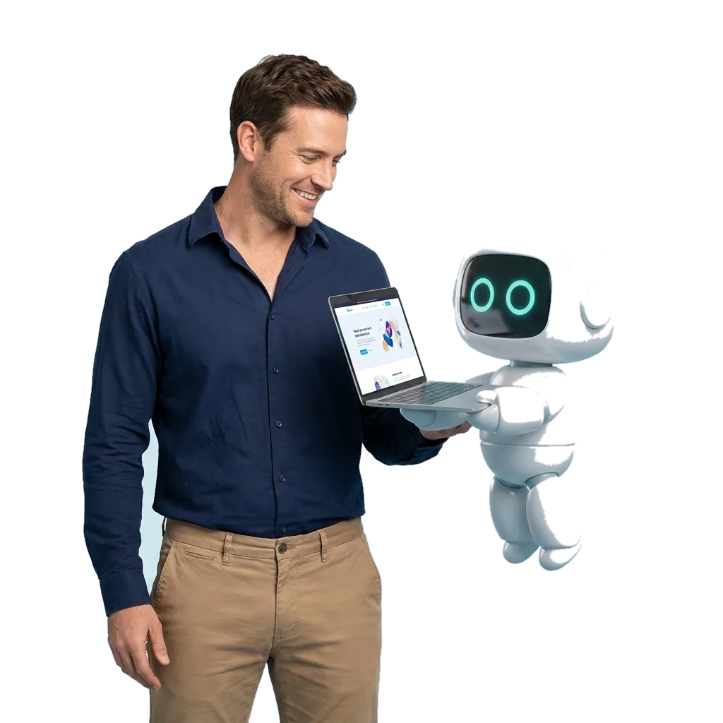 Agency owner and their Recrtr AI robot assistant looking at a laptop